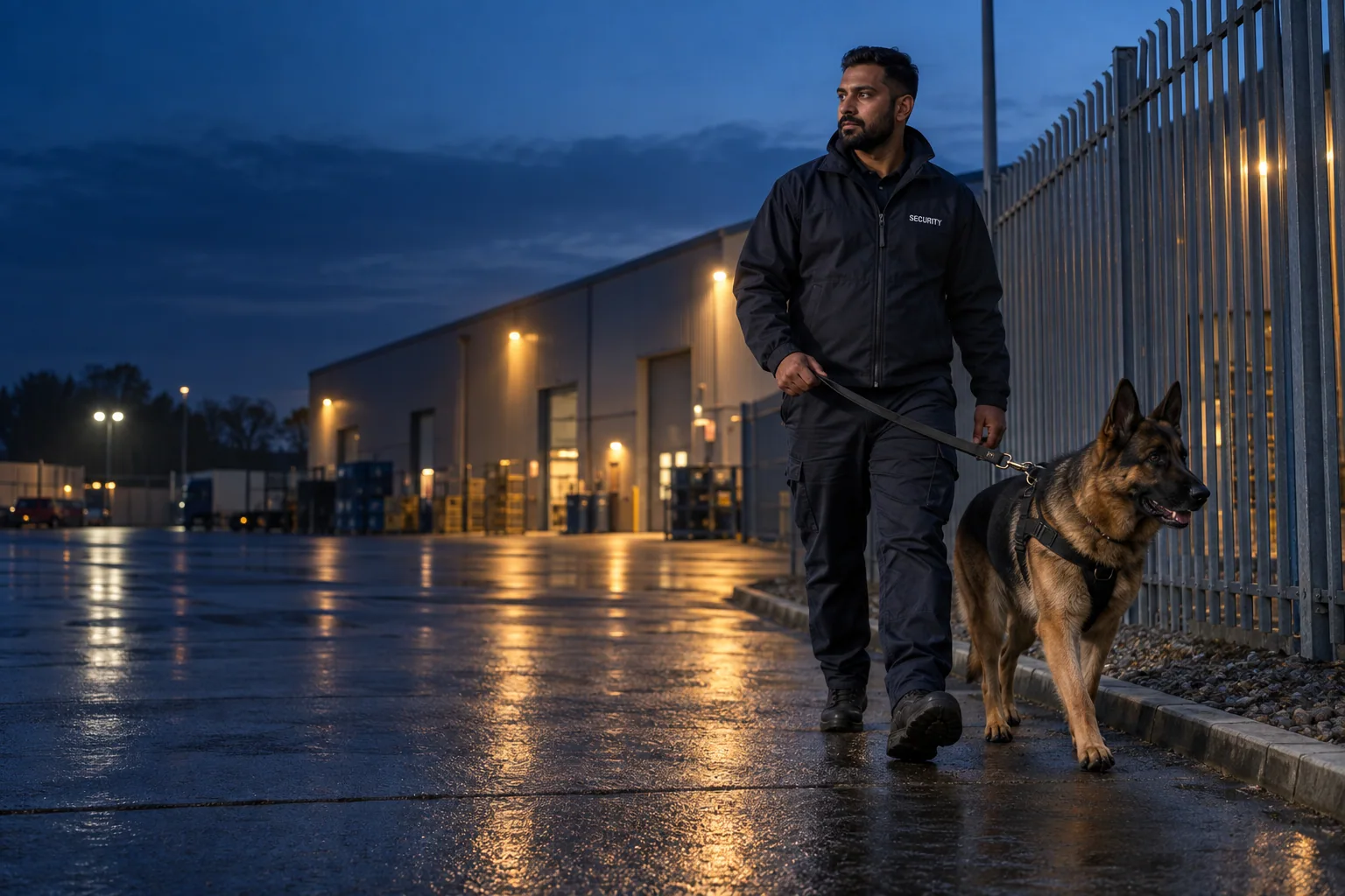 Illustration of a handler and security dog